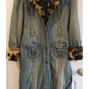 Vtg LONG DENIM Coat FAUX FUR Lined BOHO Womens Size Large Parasuco Jeans